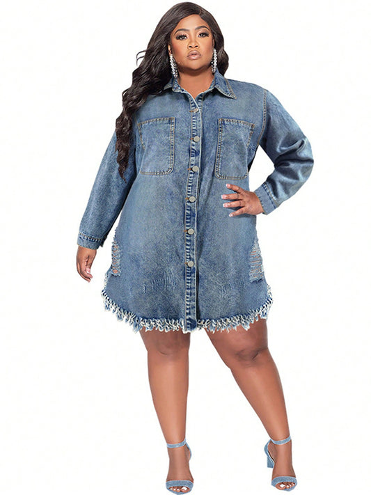 Women's Plus Size Denim Shirt Dress Long Sleeve Lapel Button Down Ripped Tassel Raw Hem Jacket
