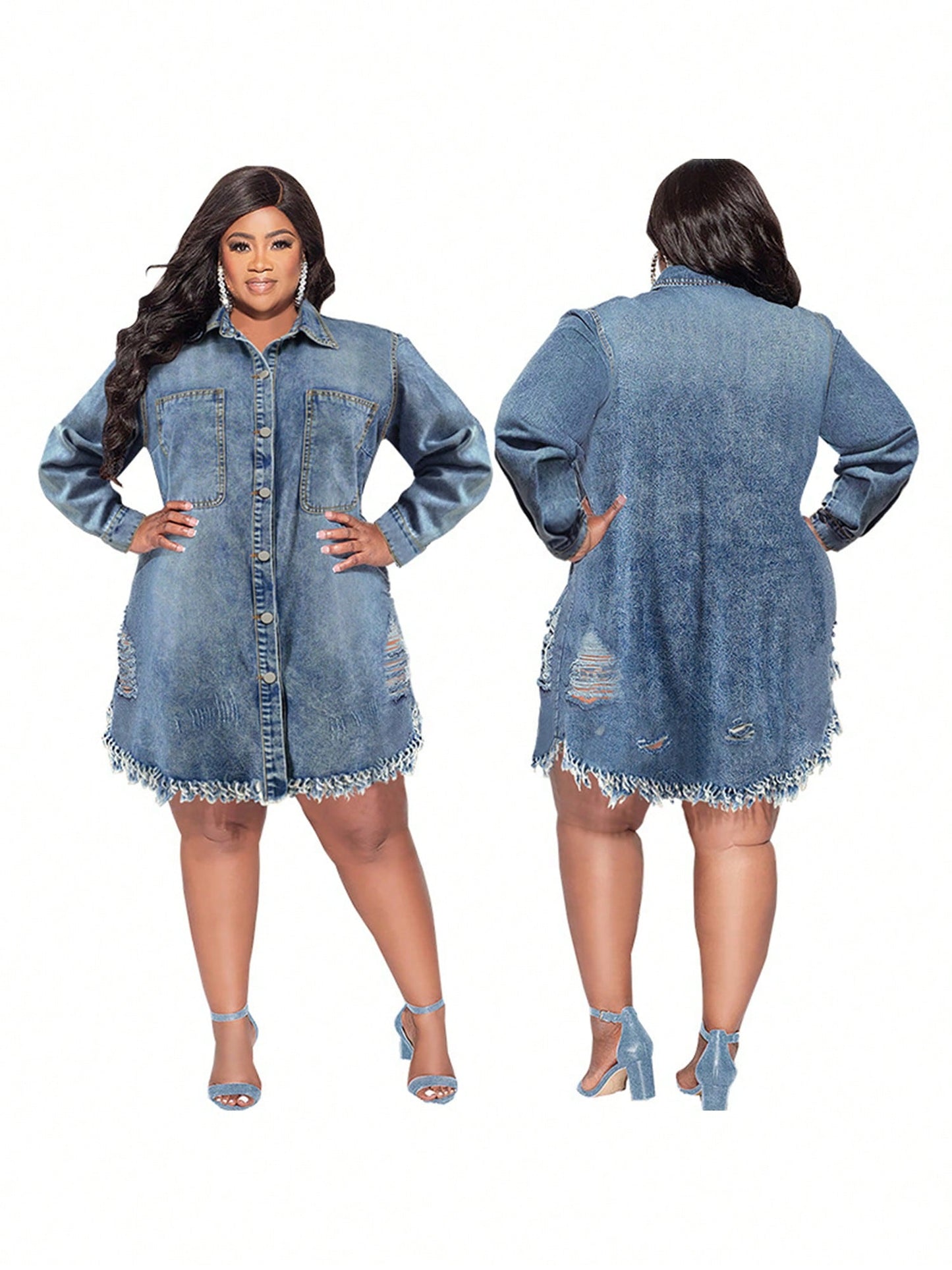 Women's Plus Size Denim Shirt Dress Long Sleeve Lapel Button Down Ripped Tassel Raw Hem Jacket