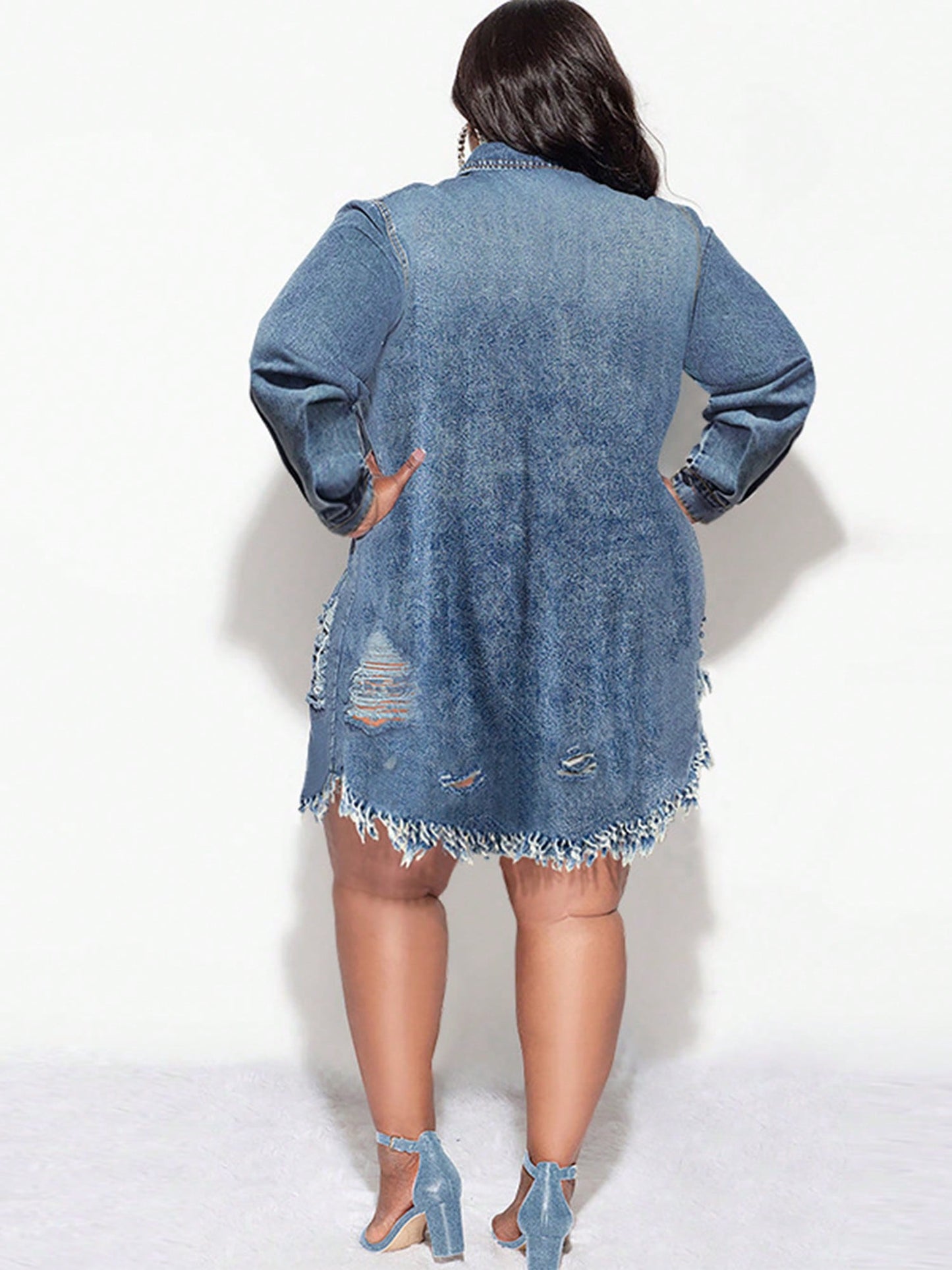 Women's Plus Size Denim Shirt Dress Long Sleeve Lapel Button Down Ripped Tassel Raw Hem Jacket
