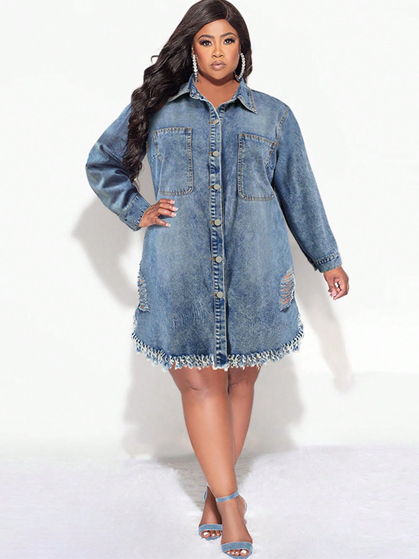 Women's Plus Size Denim Shirt Dress Long Sleeve Lapel Button Down Ripped Tassel Raw Hem Jacket
