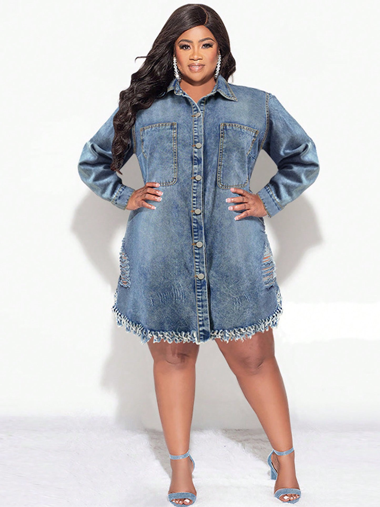 Women's Plus Size Denim Shirt Dress Long Sleeve Lapel Button Down Ripped Tassel Raw Hem Jacket