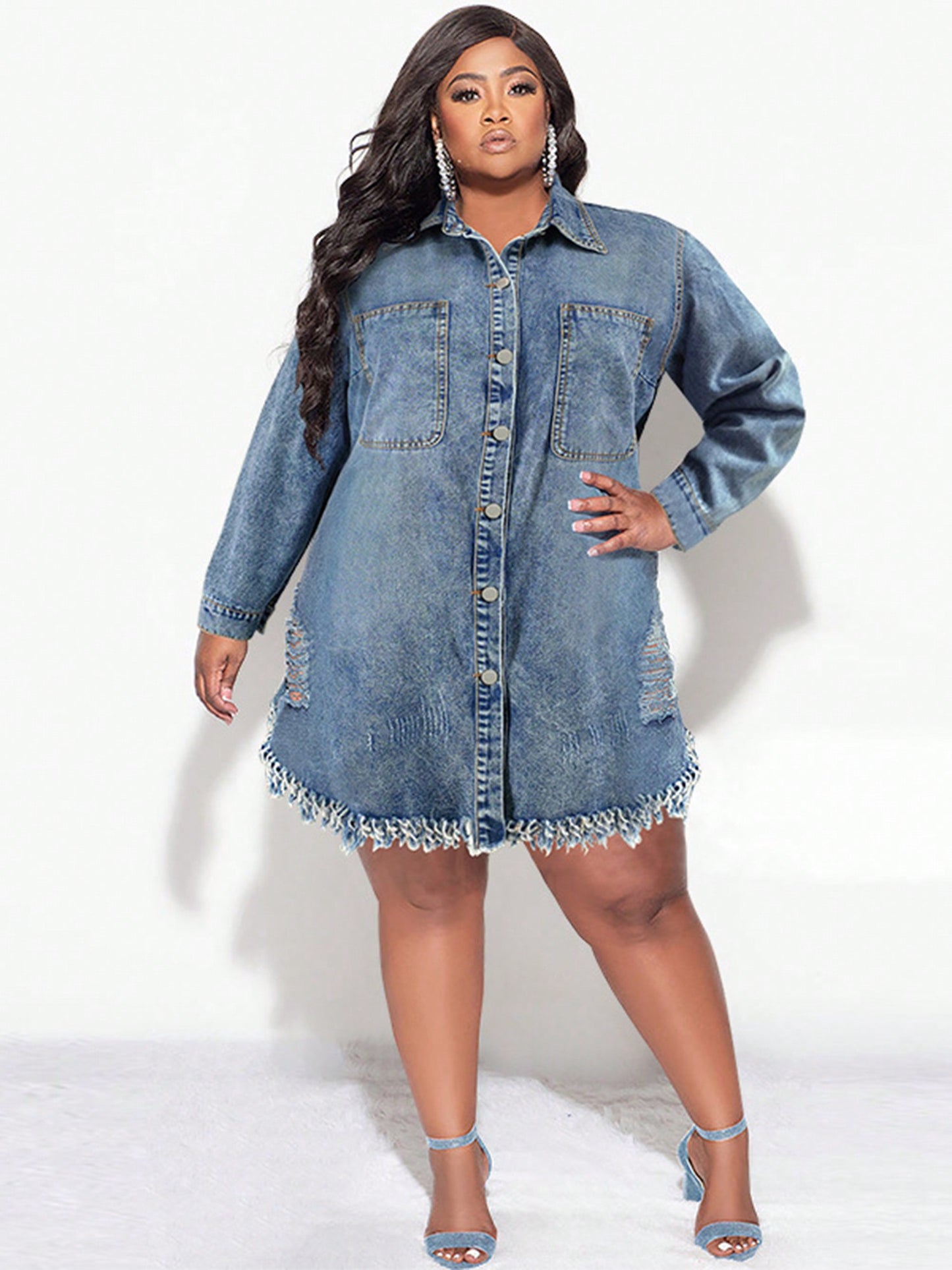 Women's Plus Size Denim Shirt Dress Long Sleeve Lapel Button Down Ripped Tassel Raw Hem Jacket