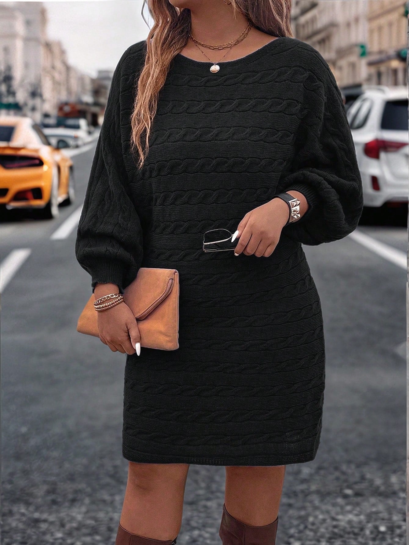 LUNE Plus Size Women Batwing Sleeve Knit Sweater Dress