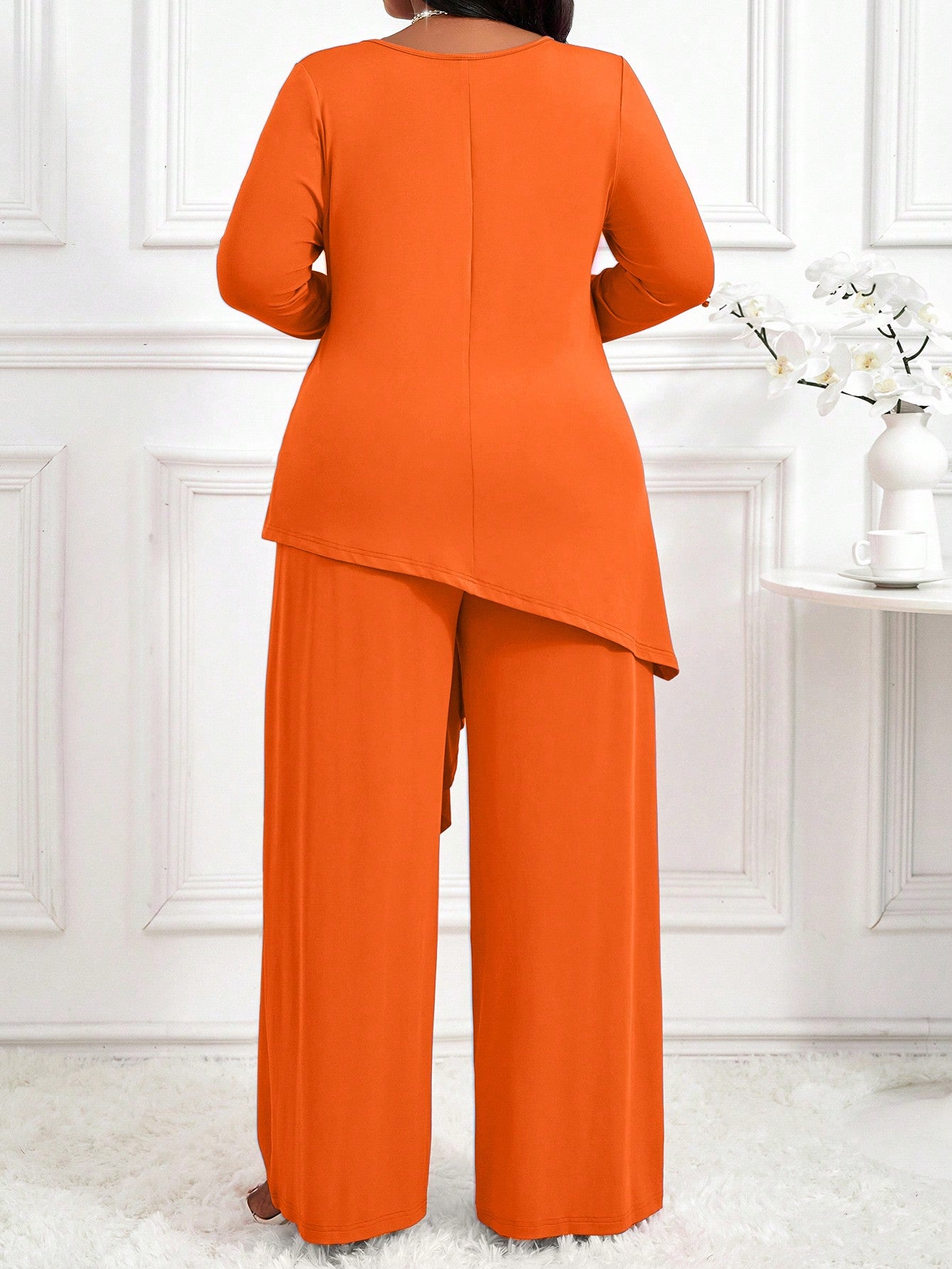 Lady Spring And SummerAutumn And Winter Elegant Casual Rose Red Knitted V Neck Flounce Rhinestone Long Sleeve Plus Size Co-Ords