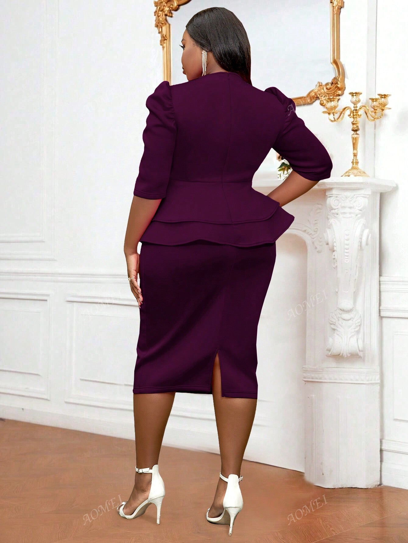 Plus Size Solid Color V-Neck Midi Tunic Dress