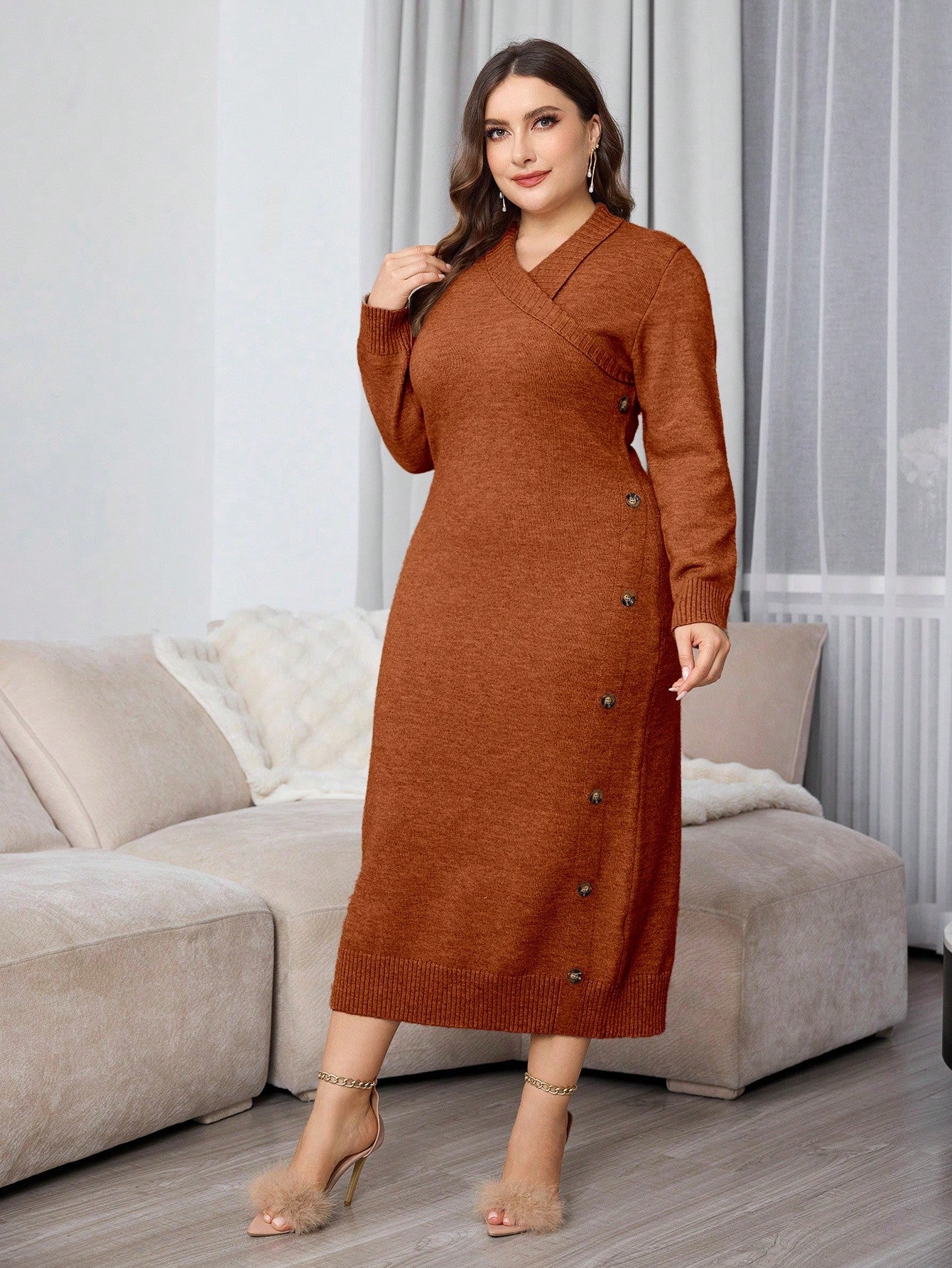 Plus Size Casual Wrap Around Long Sleeve Knitted Fitted Sweater Dress For Autumn/Winter