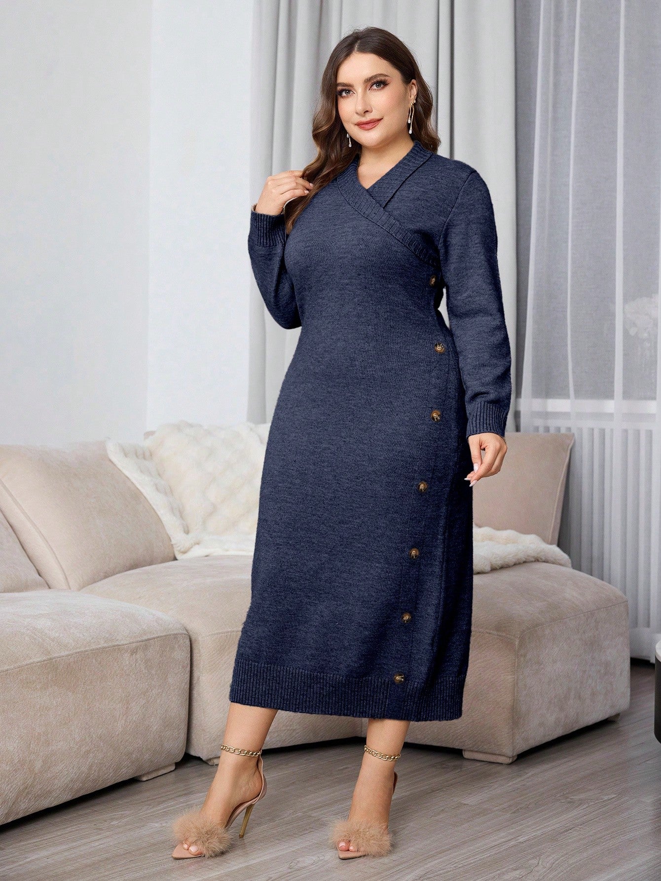 Plus Size Casual Wrap Around Long Sleeve Knitted Fitted Sweater Dress For Autumn/Winter