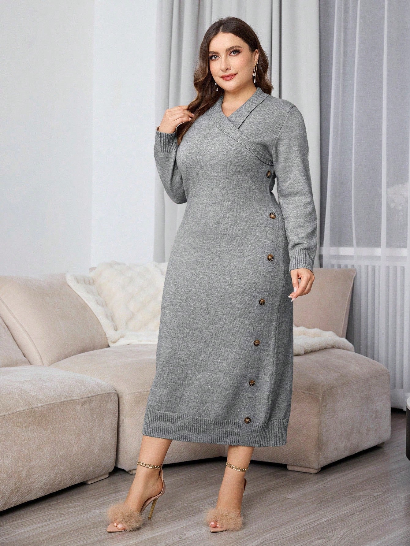 Plus Size Casual Wrap Around Long Sleeve Knitted Fitted Sweater Dress For Autumn/Winter