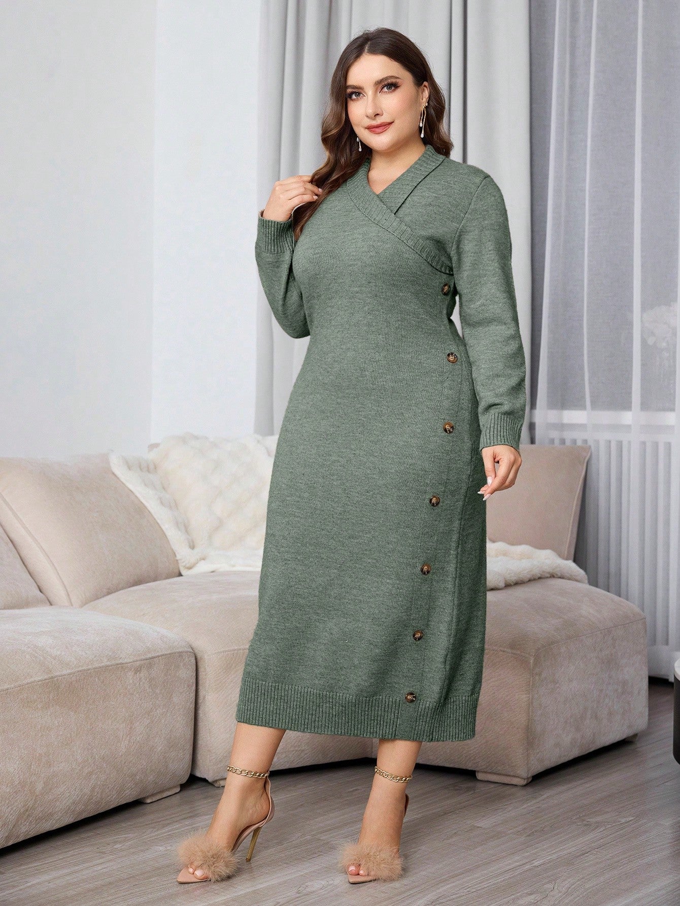Plus Size Casual Wrap Around Long Sleeve Knitted Fitted Sweater Dress For Autumn/Winter