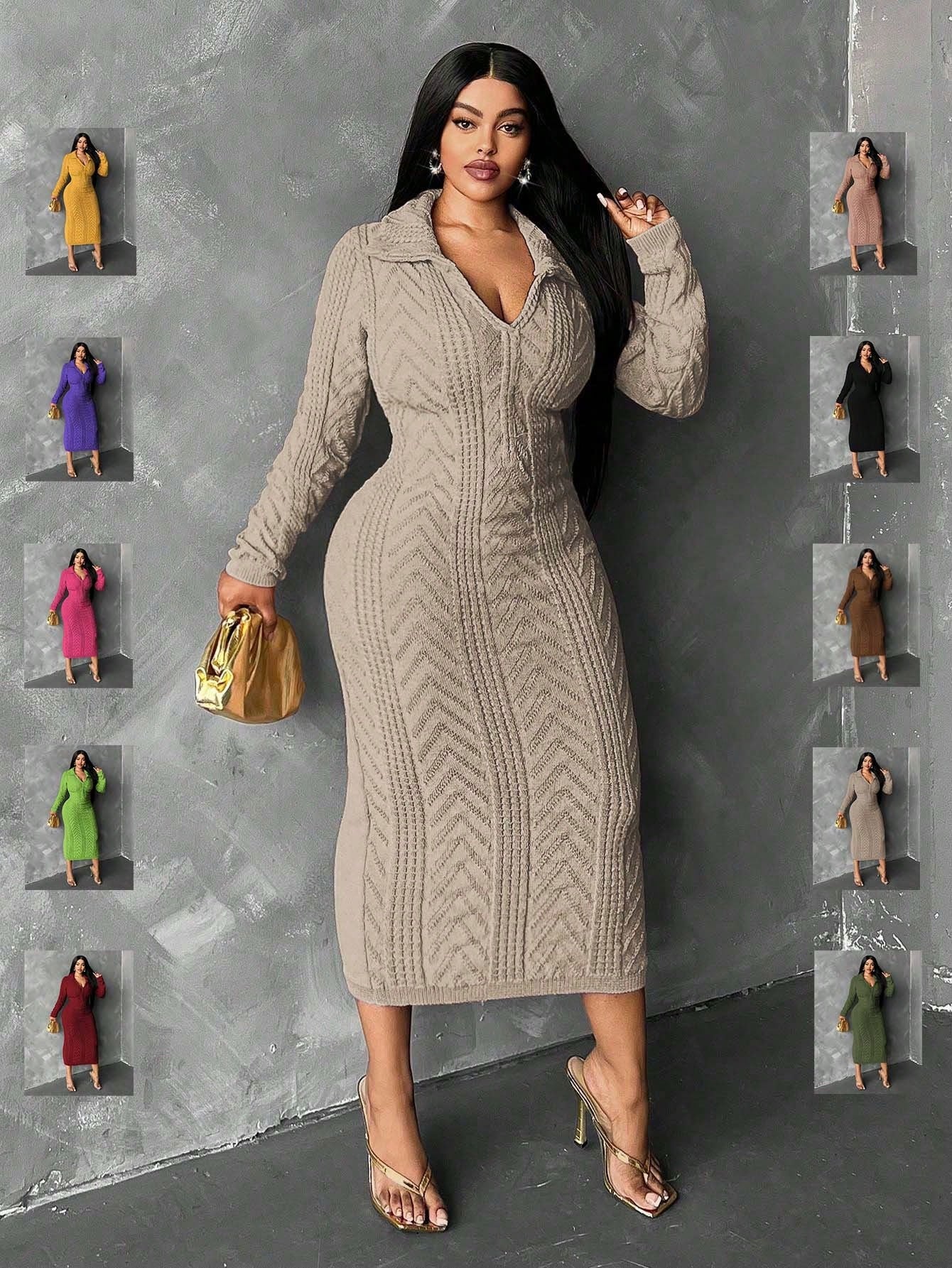 Slayr Plus Size Solid Color Turndown Collar Long Sleeve Casual Long Sweater Dress