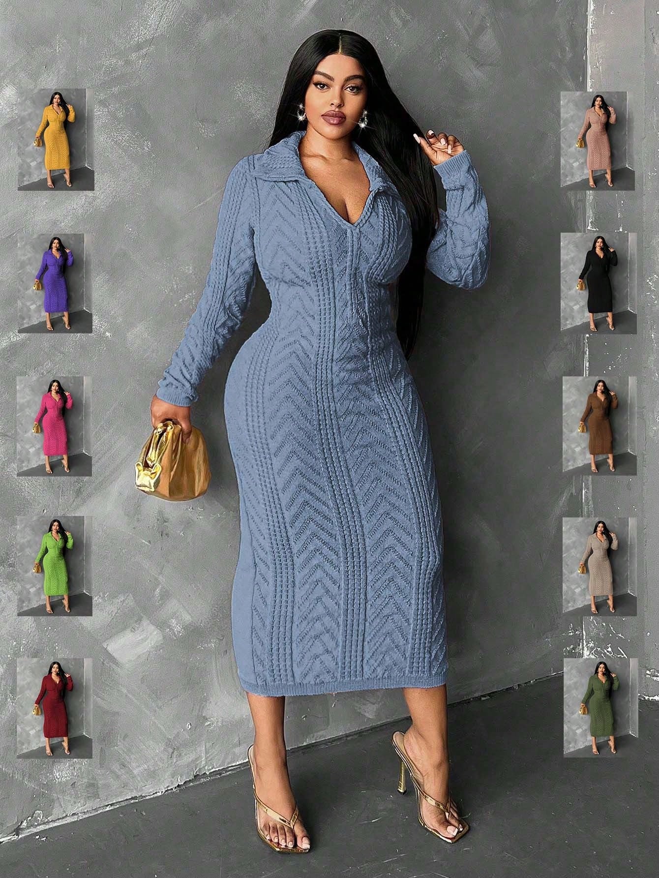 Slayr Plus Size Solid Color Turndown Collar Long Sleeve Casual Long Sweater Dress