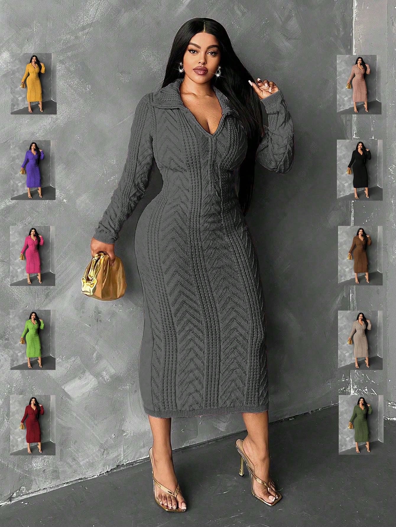 Slayr Plus Size Solid Color Turndown Collar Long Sleeve Casual Long Sweater Dress