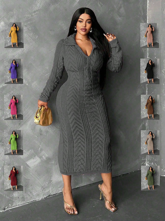 Slayr Plus Size Solid Color Turndown Collar Long Sleeve Casual Long Sweater Dress