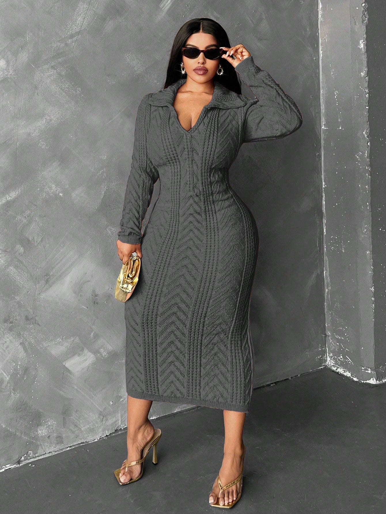 Slayr Plus Size Solid Color Turndown Collar Long Sleeve Casual Long Sweater Dress