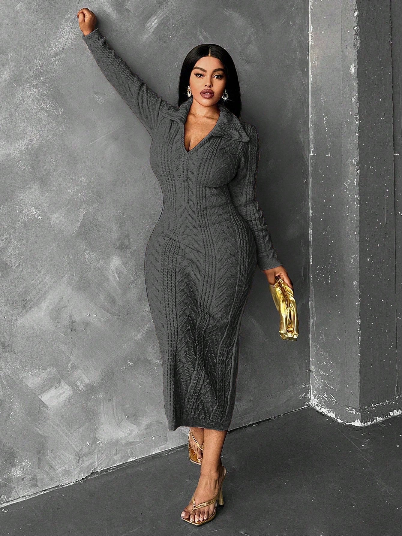Slayr Plus Size Solid Color Turndown Collar Long Sleeve Casual Long Sweater Dress