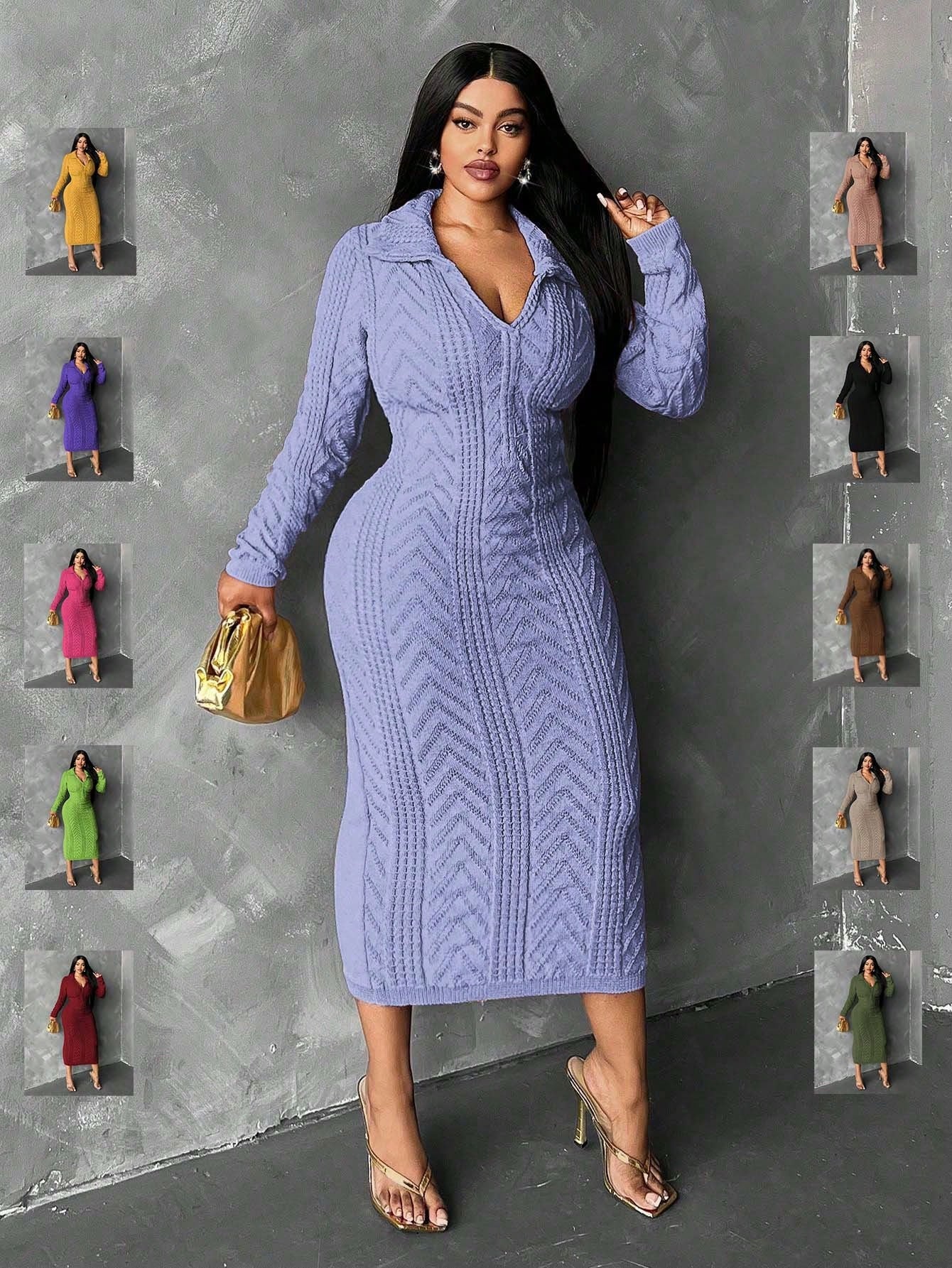 Slayr Plus Size Solid Color Turndown Collar Long Sleeve Casual Long Sweater Dress