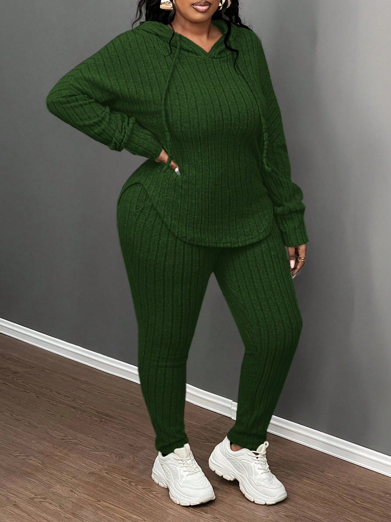Plus Size Casual Olive Green Ribbed Knit Hoodie & Slim Fit Pants 2Pcs Set, Autumn/Winter