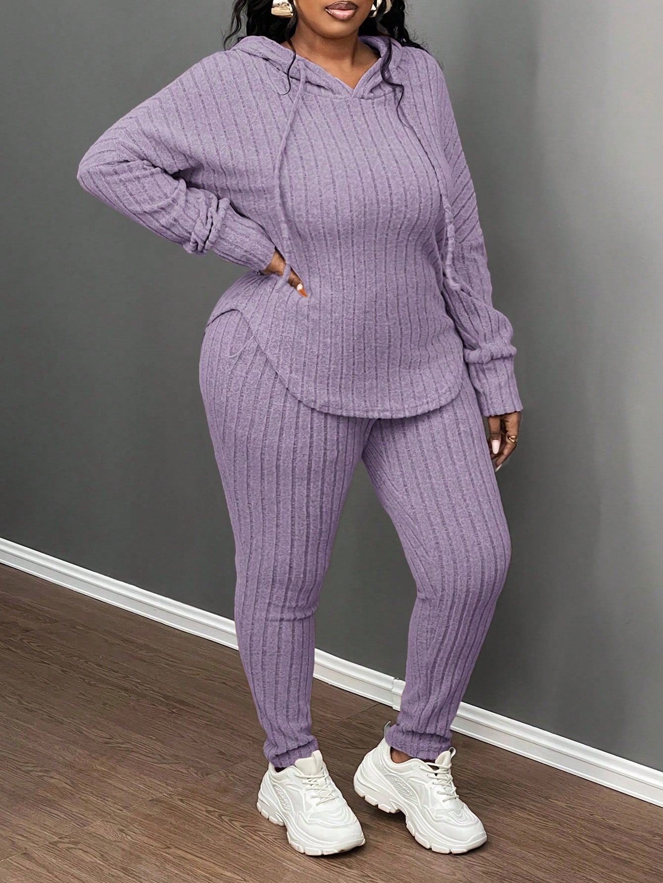 Plus Size Casual Olive Green Ribbed Knit Hoodie & Slim Fit Pants 2Pcs Set, Autumn/Winter