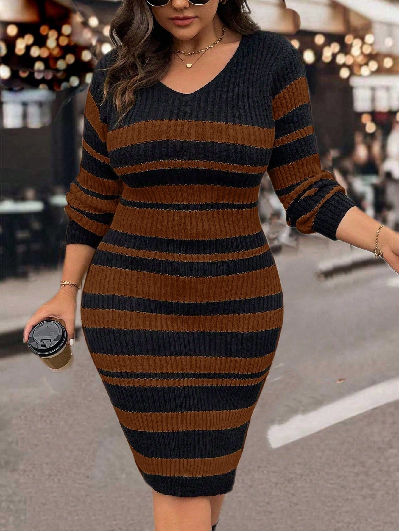 Plus Size Casual Minimalist Fashion Knitted Sweater Dress, Suitable For Everyday Wear, For Winter