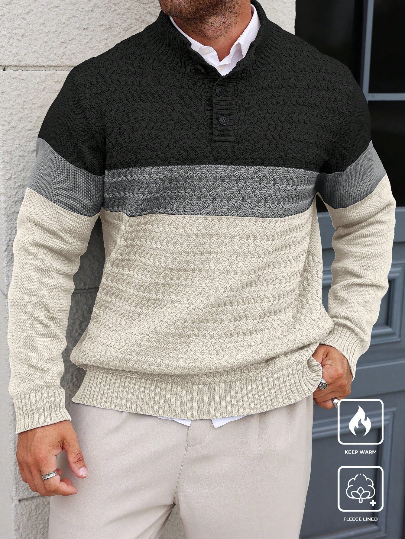 Manfinity Homme Plus Size Men Contrast-Color Button Casual Knit Sweater