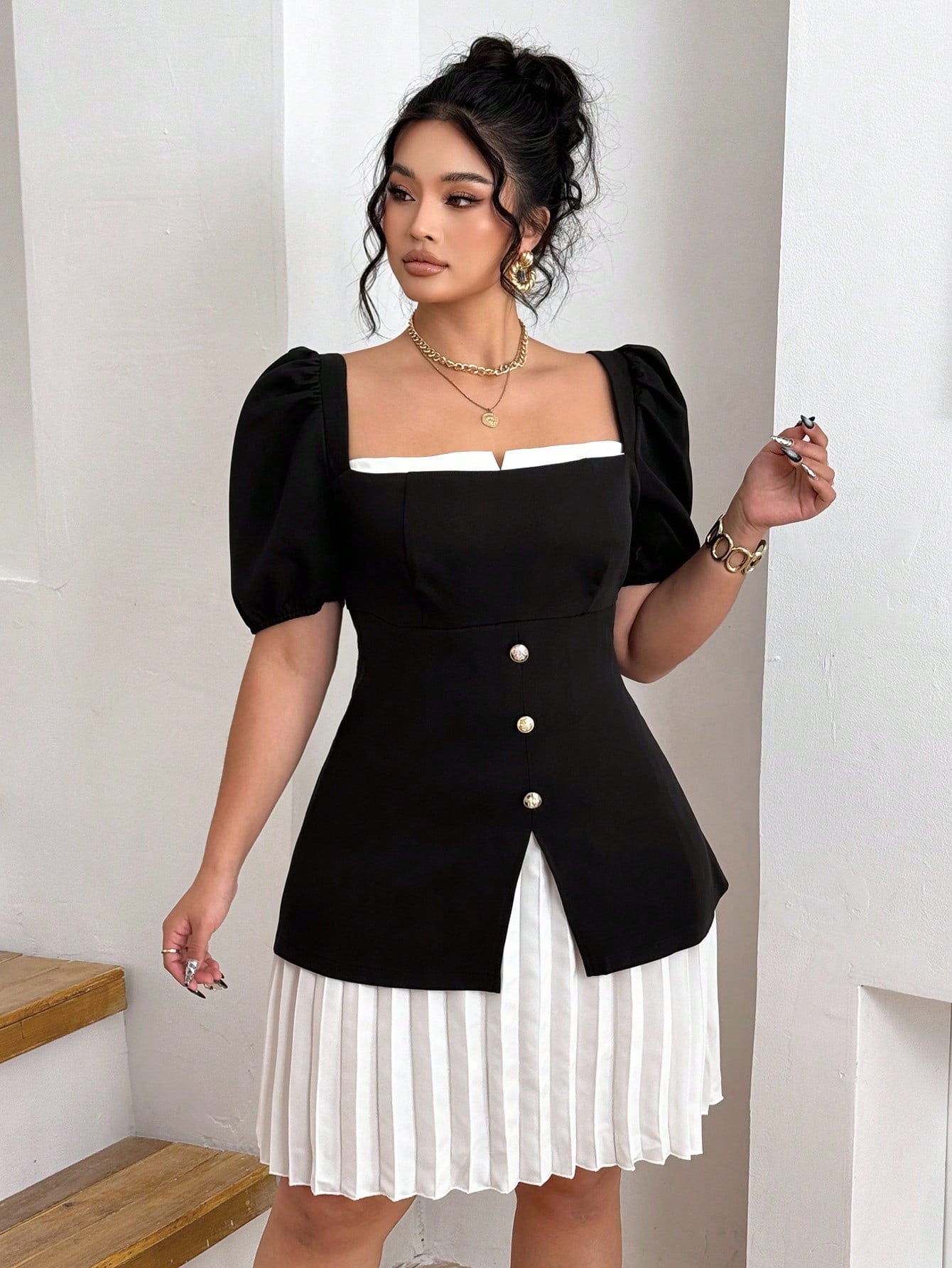 Plus Size Elegant Colorblock Puff Sleeve Button Front Split Hem Pleated Dress