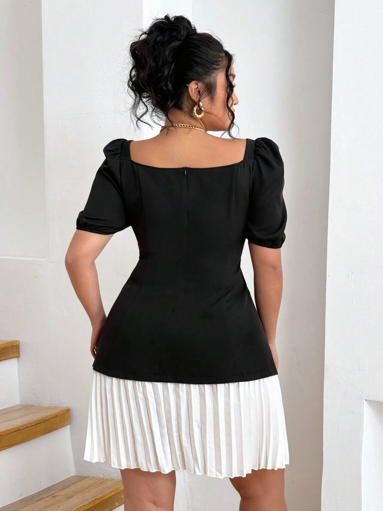 Plus Size Elegant Colorblock Puff Sleeve Button Front Split Hem Pleated Dress
