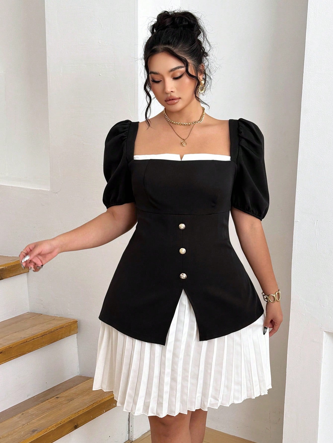 Plus Size Elegant Colorblock Puff Sleeve Button Front Split Hem Pleated Dress