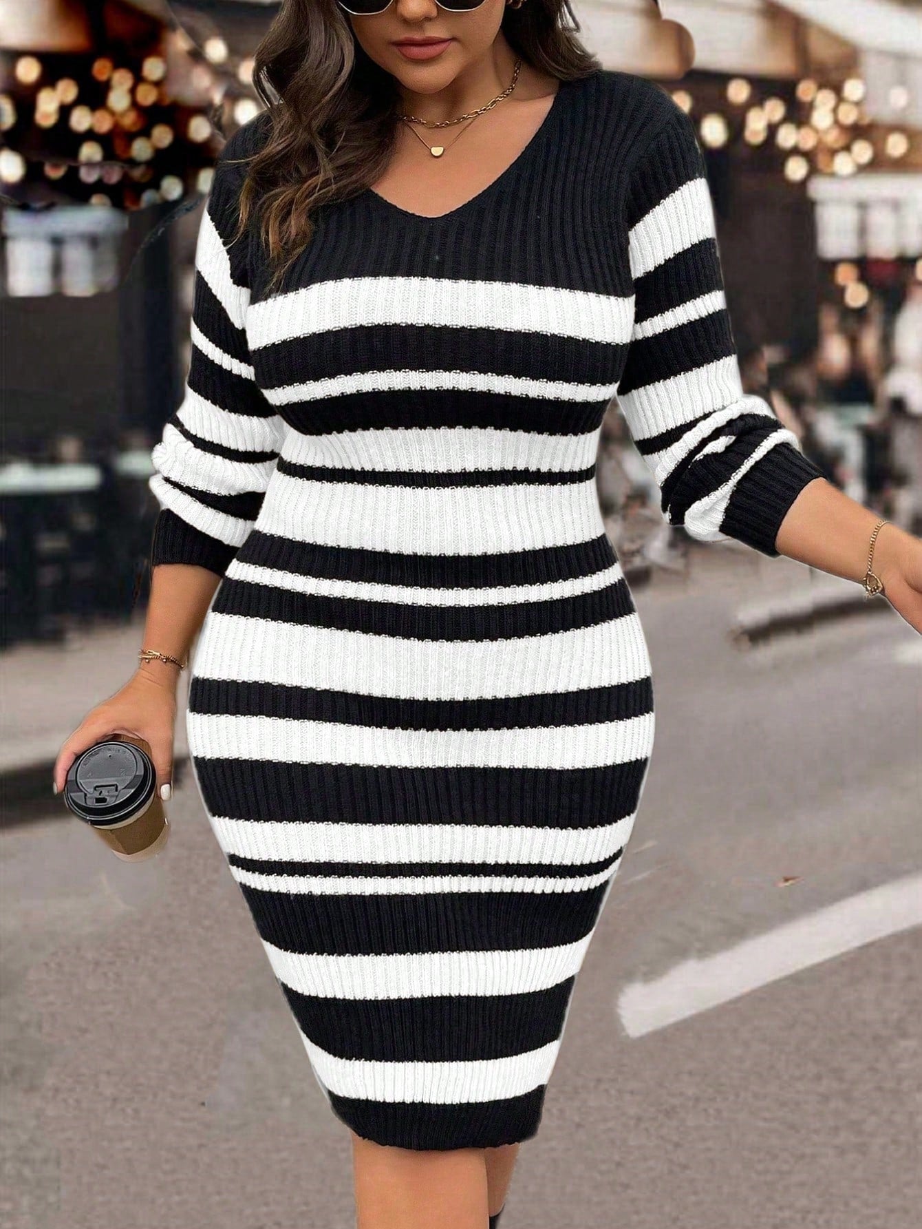 Plus Size Casual Minimalist Fashion Knitted Sweater Dress, Suitable For Everyday Wear, For Winter