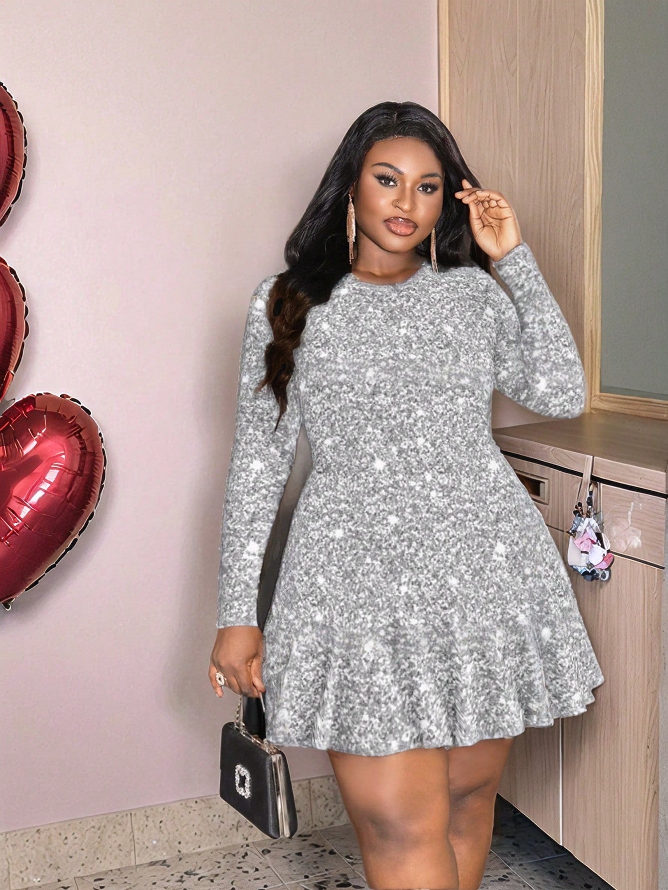 Plus Size Women Casual Minimalist Sparkly Graphic Bodycon Round Neck Long Sleeve Dress, Suitable For Autumn/Winter