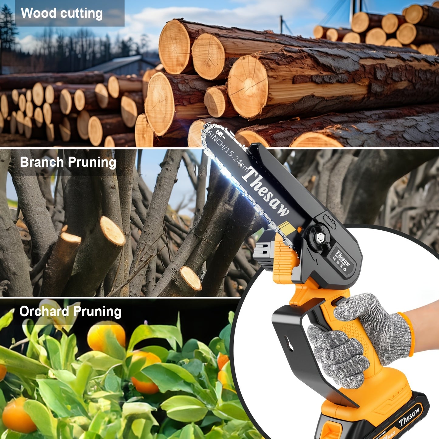 Mini Chainsaw 6-Inch Cordless Power Chain Saws With Security Lock Small Handheld Chain Saw With 2 Batteries, 2 Guide Plates And Toolbox For Wood Cutting, Tree Trimming, Gardening, Courtyard And Garden Great Christmas Gift