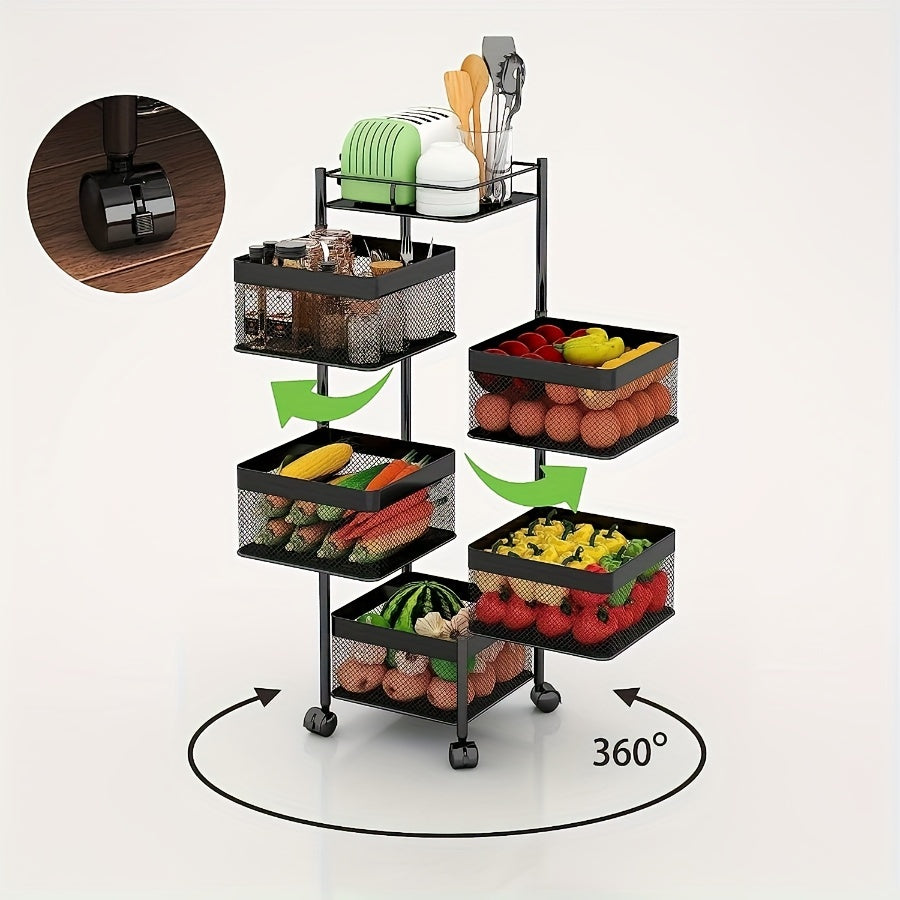 Kitchen No Installation Storage Rack, 5 Layers Of Box Rotating Storage Rack, Kitchenware And Tableware Rack, Multi-functional Fruit And Vegetable Storage Rack, Multi-layer Wheeled Storage Cart, Bathroom And Living Room