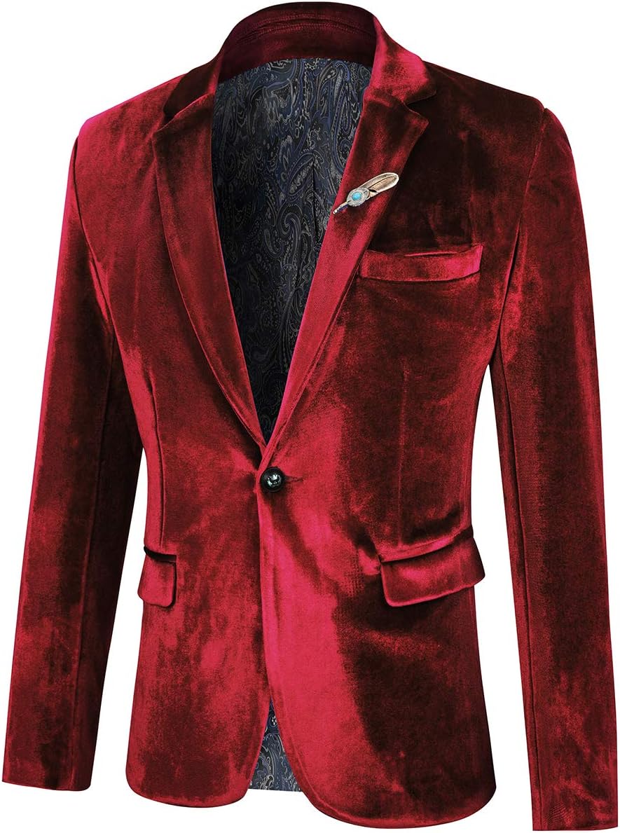 WEEN CHARM Velvet Blazer for Men Slim Fit One Button Sport Coat Tuxedo Jacket for Prom Wedding Party Dinner