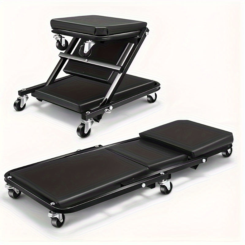 2-in-1 Crawler, 36-inch (about 35.98inch) Z-shaped Crawler Seat, 300 pounds (about 149.7kg) capacity garage chair adjustable rolling folding car crawler with 6 2.5-inch (about 2.52inch) wheels
