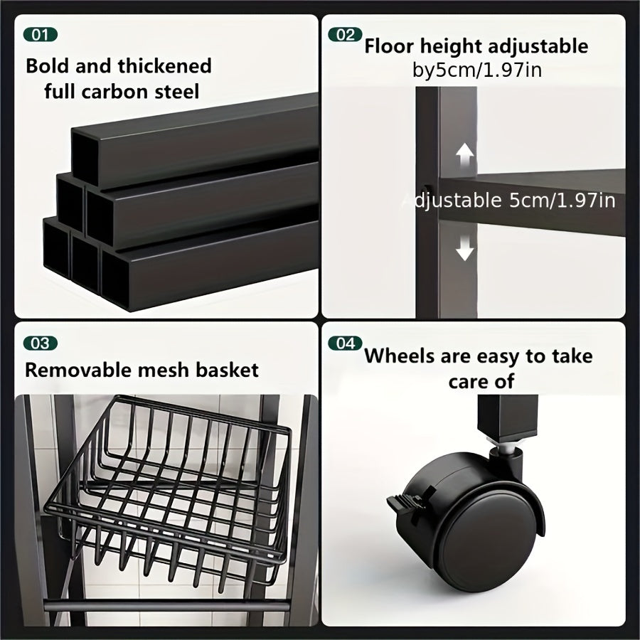 Multi-Purpose Rolling Mesh Storage Rack with Slide Rollers, Metal Floor Standing Vegetable and Kitchen Organizer for Easy Cleaning and Storage, Basket, Supplies, Storage Racks