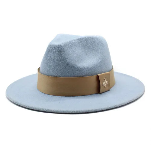 Classic fedora hat women's ribbon big brim hat autumn and winter woolen flat brim top hat for men women woolen Panama jazz hat