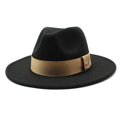 Classic fedora hat women's ribbon big brim hat autumn and winter woolen flat brim top hat for men women woolen Panama jazz hat