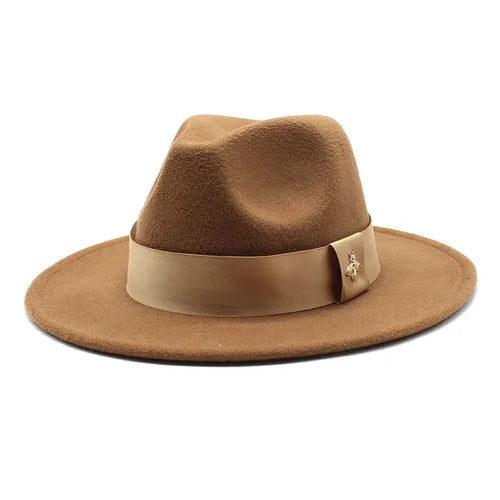 Classic fedora hat women's ribbon big brim hat autumn and winter woolen flat brim top hat for men women woolen Panama jazz hat