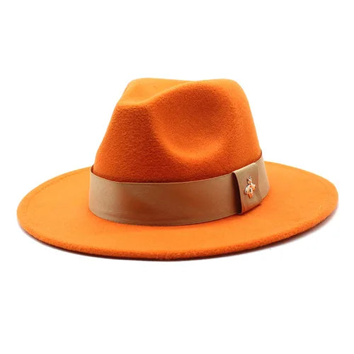 Classic fedora hat women's ribbon big brim hat autumn and winter woolen flat brim top hat for men women woolen Panama jazz hat