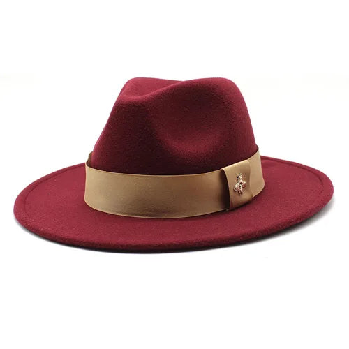 Classic fedora hat women's ribbon big brim hat autumn and winter woolen flat brim top hat for men women woolen Panama jazz hat