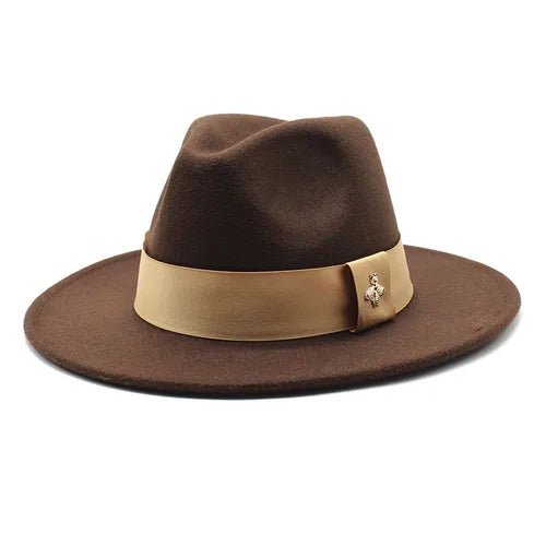 Classic fedora hat women's ribbon big brim hat autumn and winter woolen flat brim top hat for men women woolen Panama jazz hat