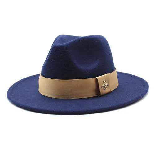 Classic fedora hat women's ribbon big brim hat autumn and winter woolen flat brim top hat for men women woolen Panama jazz hat