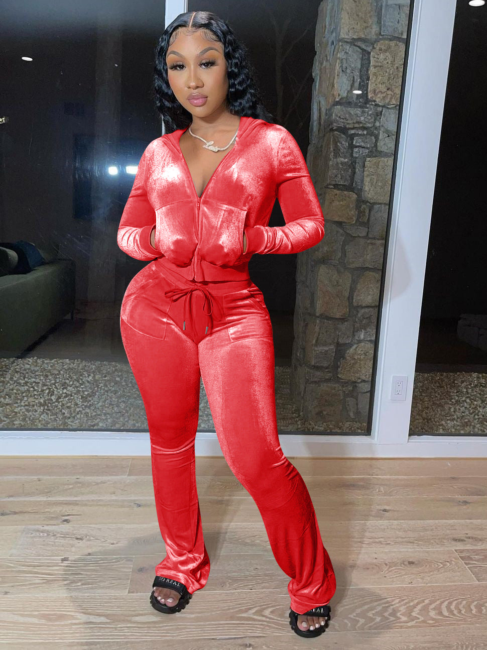 Autumn Zipper Hooded Collar 2 Piece Pant Sets