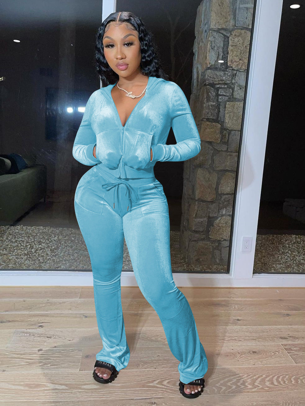 Autumn Zipper Hooded Collar 2 Piece Pant Sets