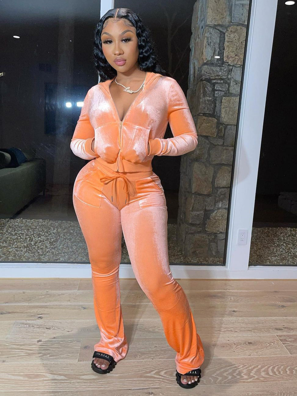 Autumn Zipper Hooded Collar 2 Piece Pant Sets