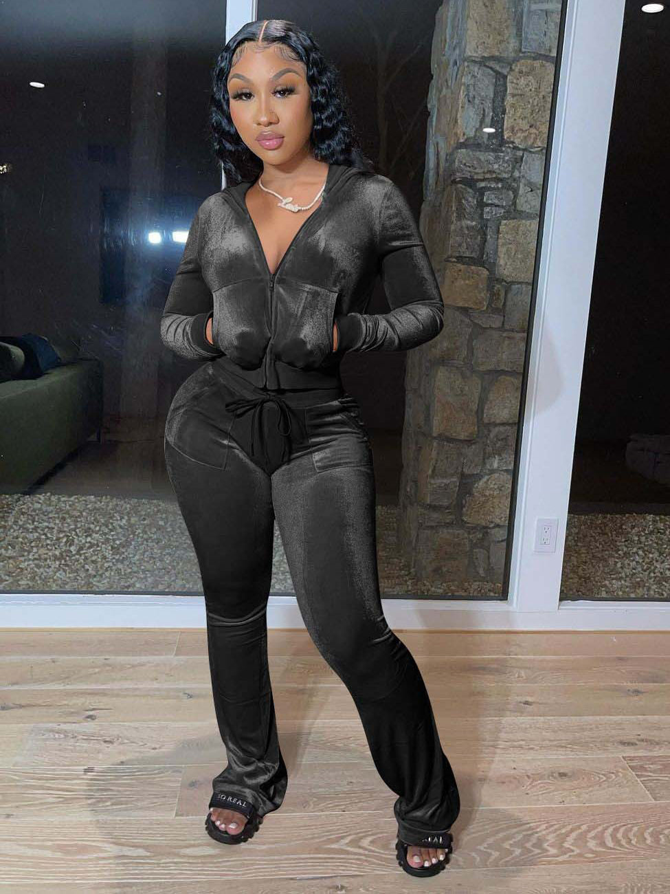 Autumn Zipper Hooded Collar 2 Piece Pant Sets