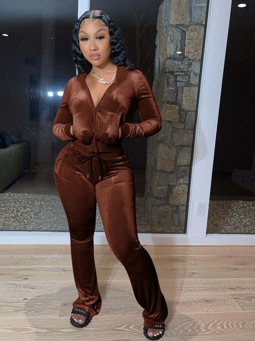 Autumn Zipper Hooded Collar 2 Piece Pant Sets