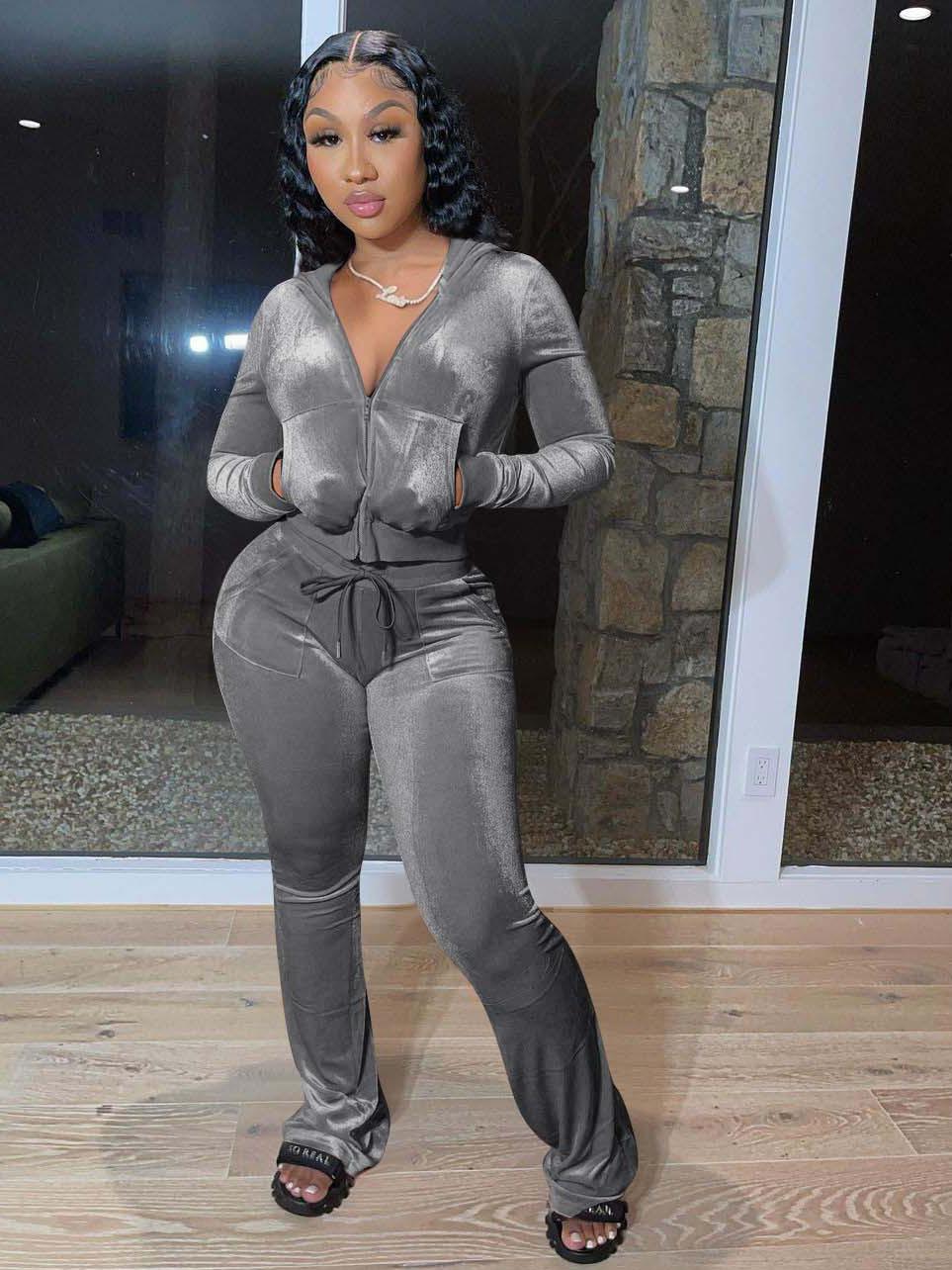 Autumn Zipper Hooded Collar 2 Piece Pant Sets