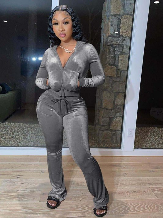 Autumn Zipper Hooded Collar 2 Piece Pant Sets
