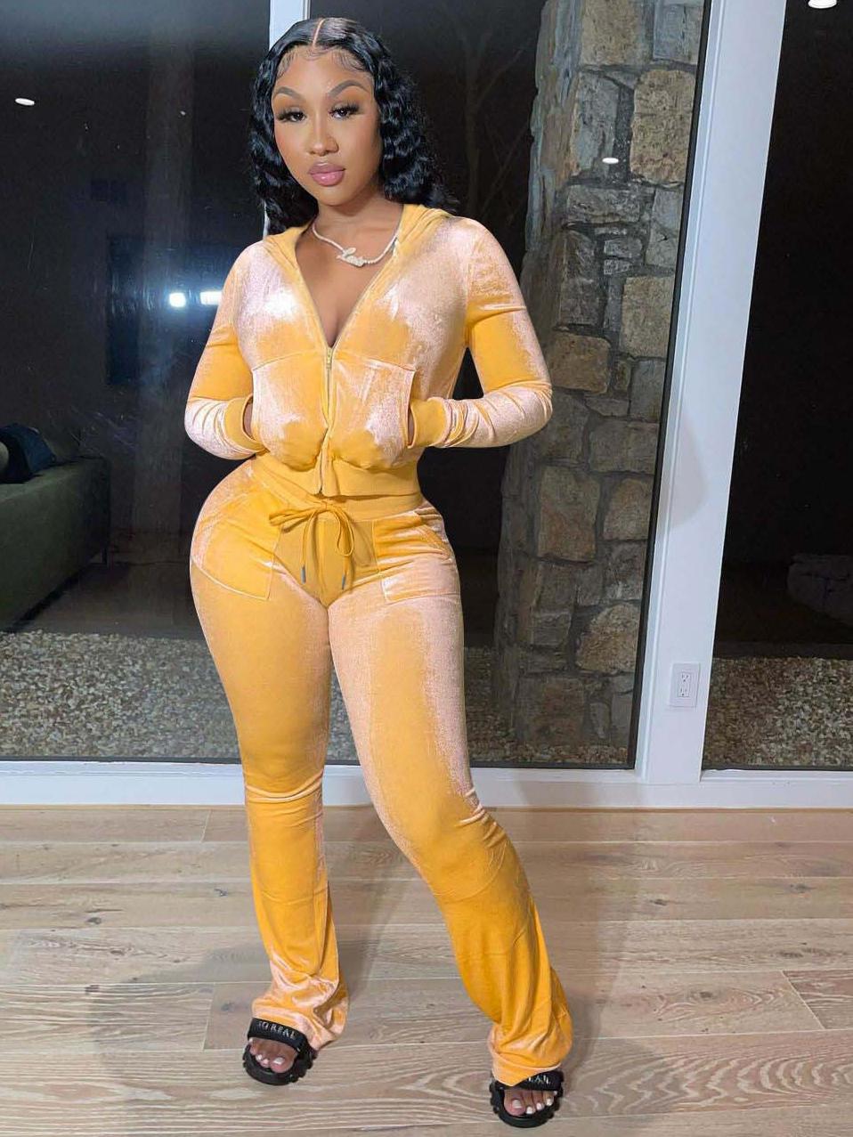 Autumn Zipper Hooded Collar 2 Piece Pant Sets