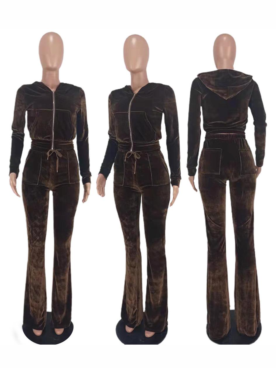 Autumn Zipper Hooded Collar 2 Piece Pant Sets
